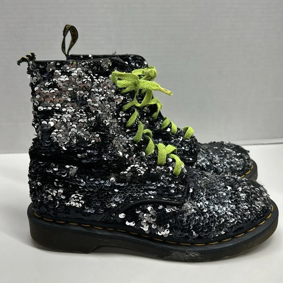 Dr. Martens 1460 Pascal Combat Sequin Black Silver Reversible Boot Womens Size 6 - Picture 3 of 11